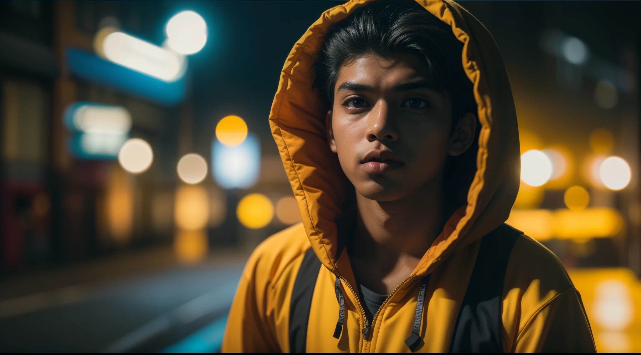 a beautiful malay teenage boy in torn yellow tracksuit standing and smoking in a dark empty city street, serious face, nighttime, 35mm lense, Top-Down Shot, Deep Focus cinematography effect, Natural Lighting, cool-toned color grading, high quality, ultra detail, 8k resolution,