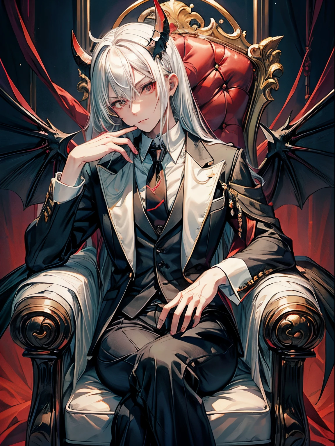 (masutepiece)(high-detail)incubus、One、white hair、red cat eyes、suits、neck tie、Black horned、Black bat wings and tail、Sitting in a big chair、Put your hand on your cheek、A seductive and provocative look