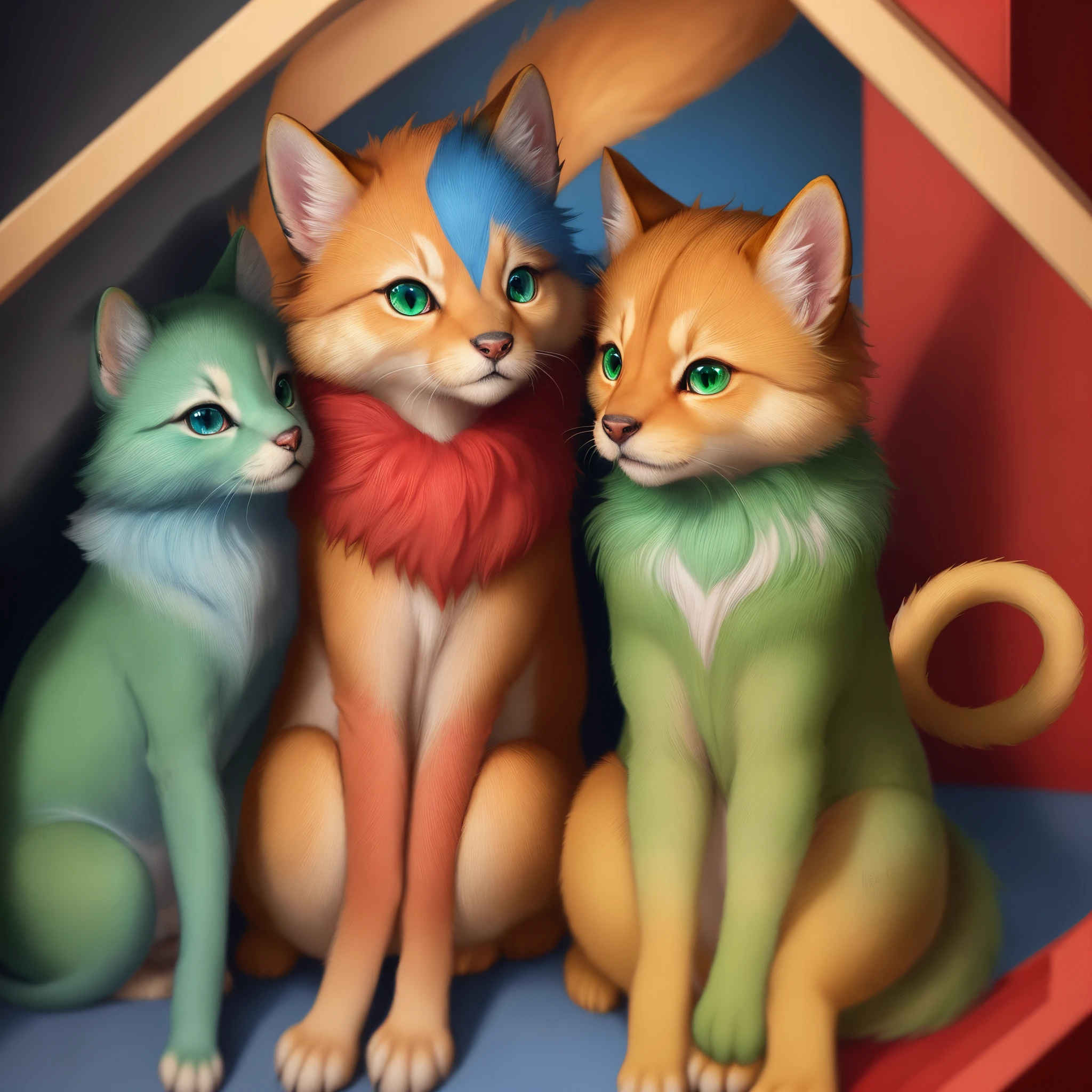 critters，Golden fur，a red corner，quadrupedal，There is a pink circle on the forehead，Fluffy tail，Blue-green eyes，Sit down，