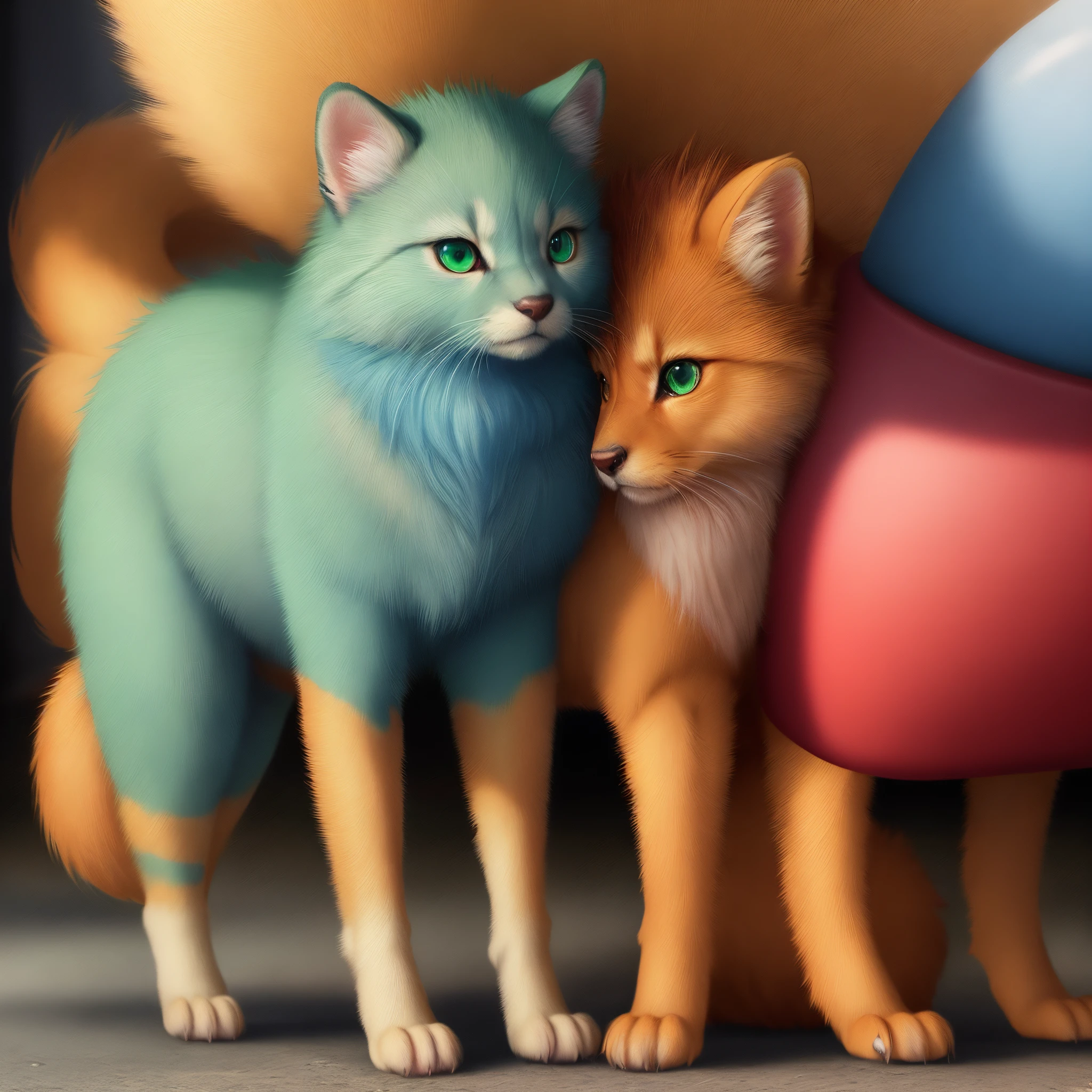 critters，Golden fur，a red corner，quadrupedal，There is a pink circle on the forehead，Fluffy tail，Blue-green eyes，Sit down，