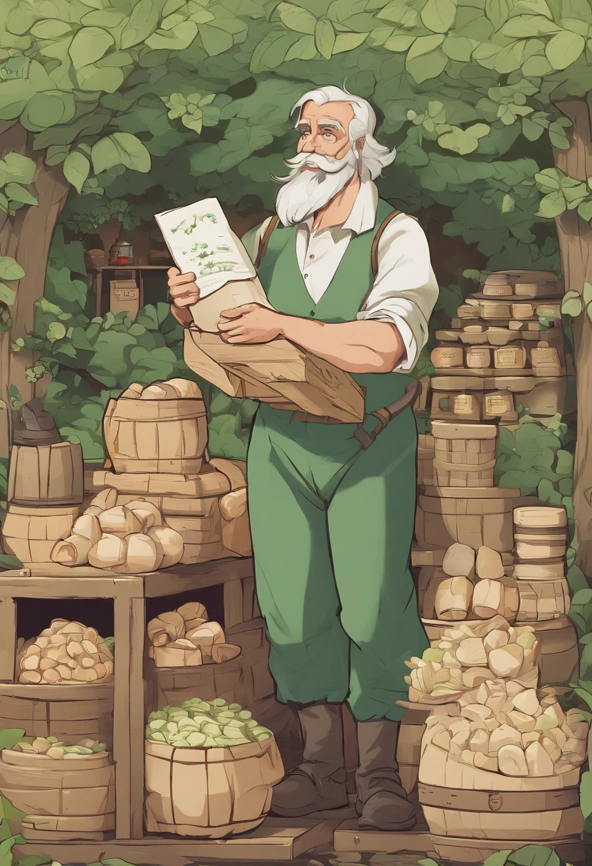 male food merchant, beautiful eyes, green shirt with white sleeves, green pants, gray hair, gray mustache, next to a wooden cart, next to wooden barrels and boxes, far behind is a magical forest, fantasy, Middle Ages, artstation, hdr, intricate details, cinematic, best quality, 4k, 8k, highres, masterpiece