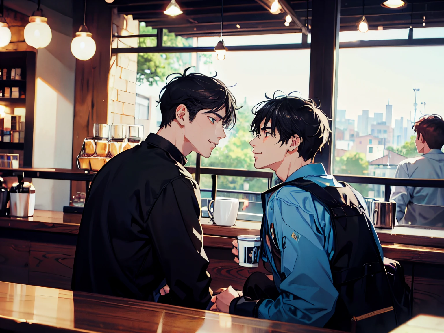 male and male couple, looking at other,sitting, black hair, at coffee shop,bokeh, scenery
