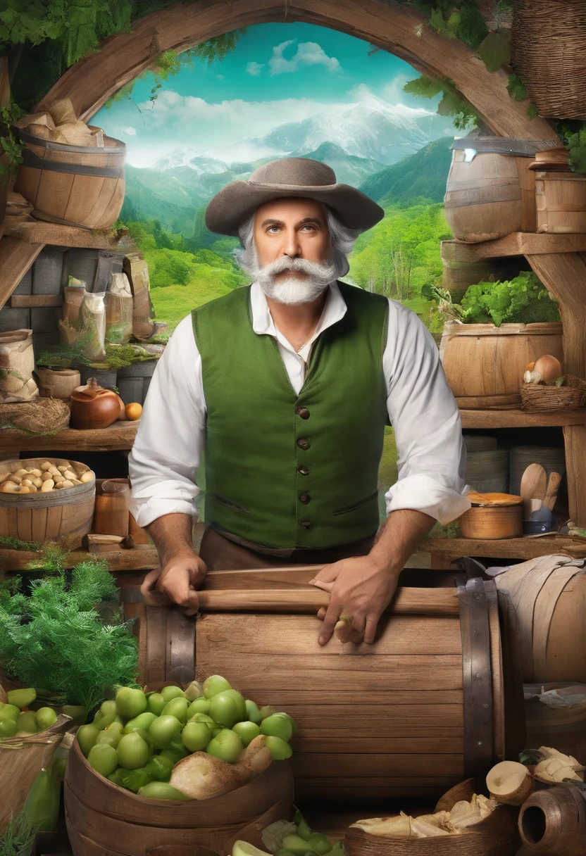 male food merchant, beautiful eyes, green shirt with white sleeves, green pants, gray hair, gray mustache, next to a wooden cart, next to wooden barrels and boxes, far behind is a magical forest, fantasy, Middle Ages, artstation, hdr, intricate details, cinematic, best quality, 4k, 8k, highres, masterpiece