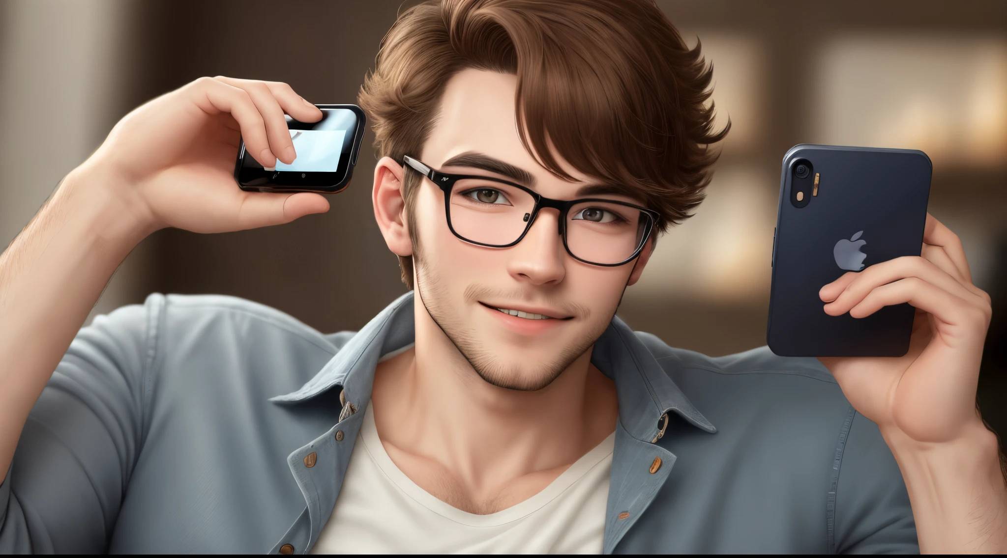 Handsome guy with glasses holding a smartphone sideways Mike guy cute
