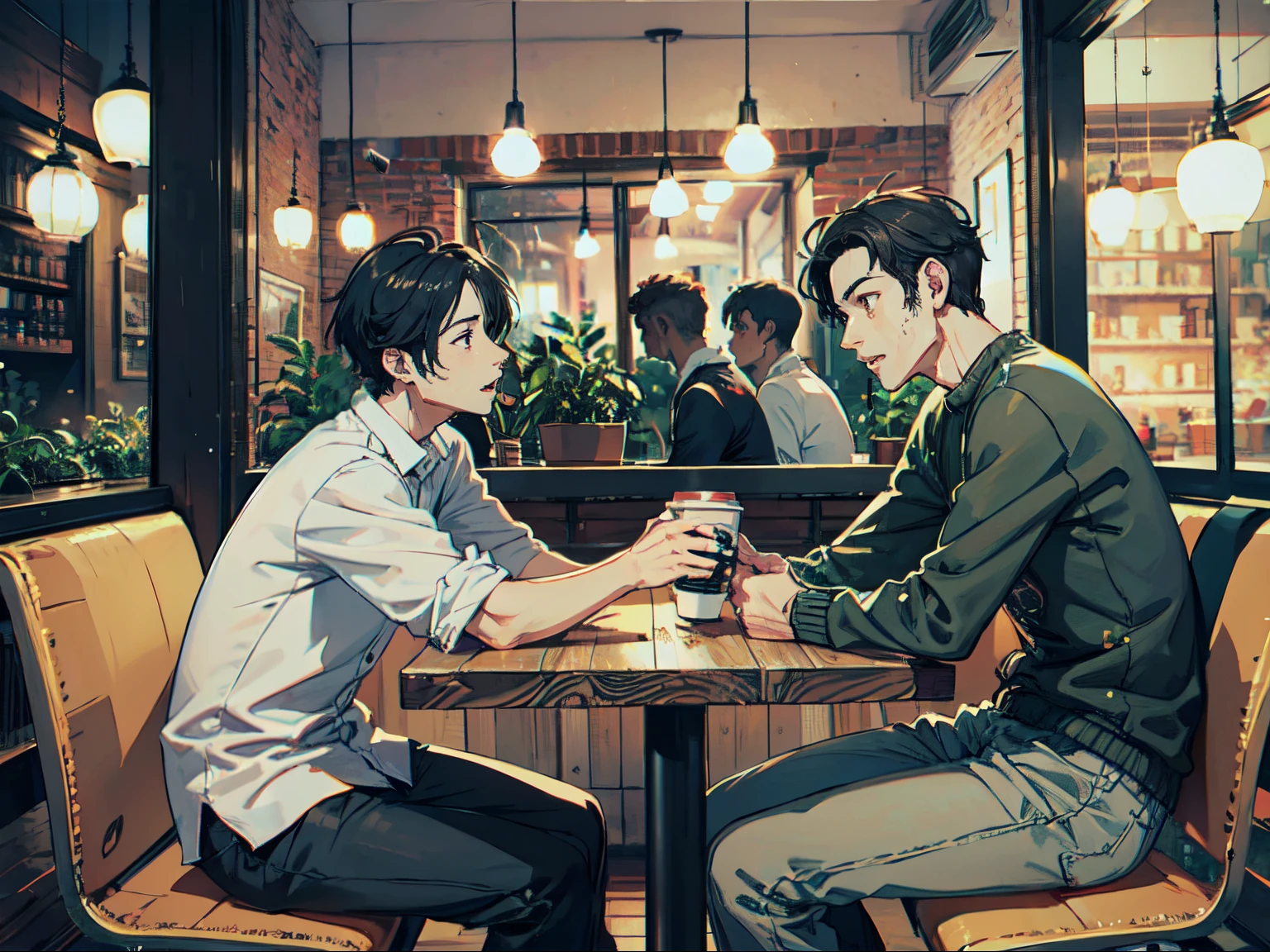 male and male couple, looking at other,sitting, black hair, at coffee shop,bokeh, scenery