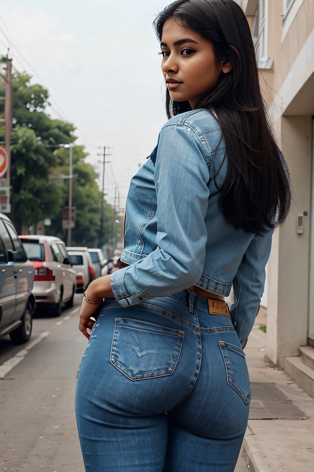 indian girl, tight jeans, nice ass, behind, looking away