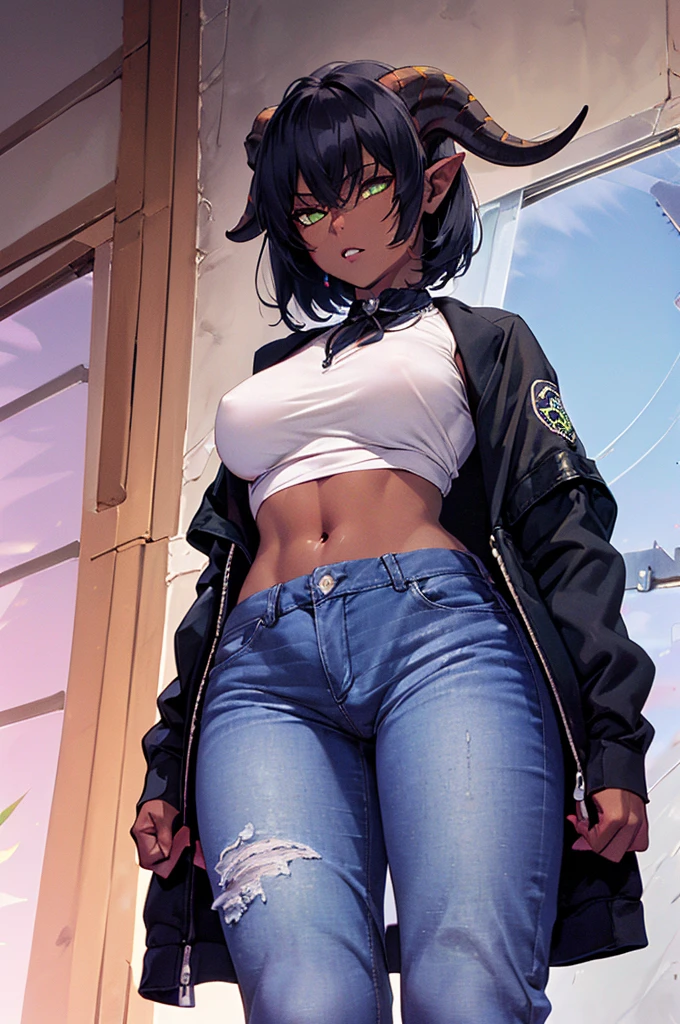 (Masterpiece) (High Detail) (High Res) (Black Skin) Looking from below A tall black humanoid girl with dark skin and ebony flesh and green eyes and short black hair and half her head shaved and goat ears and short dark goat horns and a toned body and average to small breasts and wearing a jacket and jeans with a crotch bulge