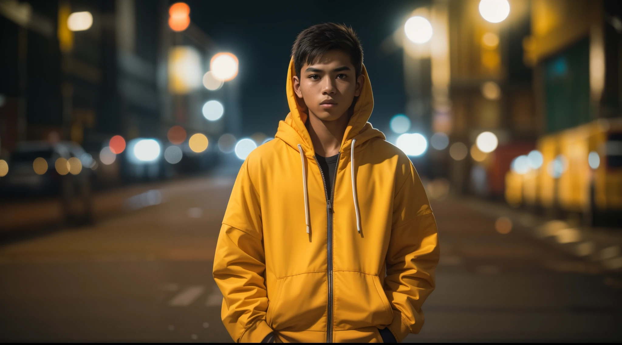 a beautiful malay teenage boy in torn yellow tracksuit standing and smoking in a dark empty city street, serious face, nighttime, 35mm lense, Top-Down Shot, Deep Focus cinematography effect, Natural Lighting, cool-toned color grading, high quality, ultra detail, 8k resolution,