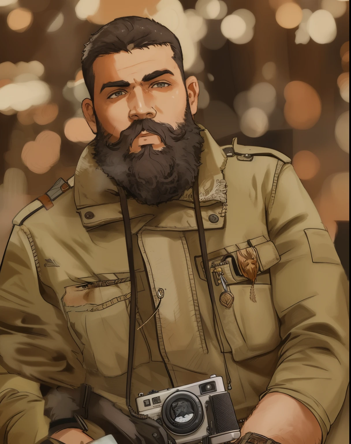 arafed man with a beard and a camera in his hands, badass beard, rugged soldier, rugged beard, Sri Lankan mad max style, portrait of a rugged warrior, military photography, rugged details, with a full black beard, portrait of a rugged ranger, thick black beard, picture of a male biker, 7 0 mm portrait, Indian, closeup portrait shot