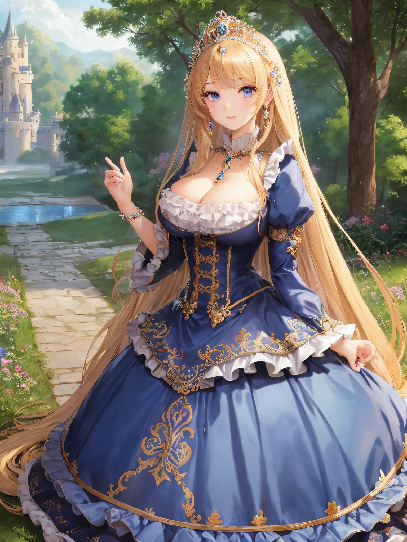 ultra-detailed, extremely detailed,((anime artstyle)),Masterpiece,(Best Quality),(Super Detail),((Solo)),((full body portrait)),(detailed face and eyes),detailed eyes, perfect eyes,rendered eyes,jewel-like beautiful eyes,((1 princess in beautiful embroidery and jeweled gorgeous rococo ballgown with frilled voluminous full length hoop skirt)),((Crinoline)),(large amount of straight hair,extremely voluminous Very Long straight Hair,Absolutely Long Straight Hair),((very gigantic boobs)),cleavage,(beautiful castle,outdoors,outside the castle),(bling-bling extremely gorgeousfull jeweled tiara),full body portrait,