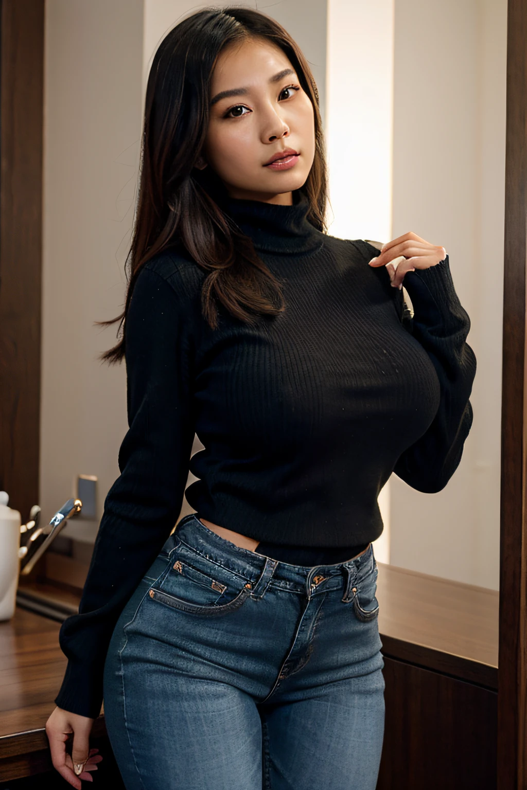 1 lady, wearing a brown colour sweater, wearing a long black jeans, sitting in a cinema, (wearing a peach hijab), (huge breast 1.6), sweet, thin waist, half body selfie shot, casual pose, (dark background)