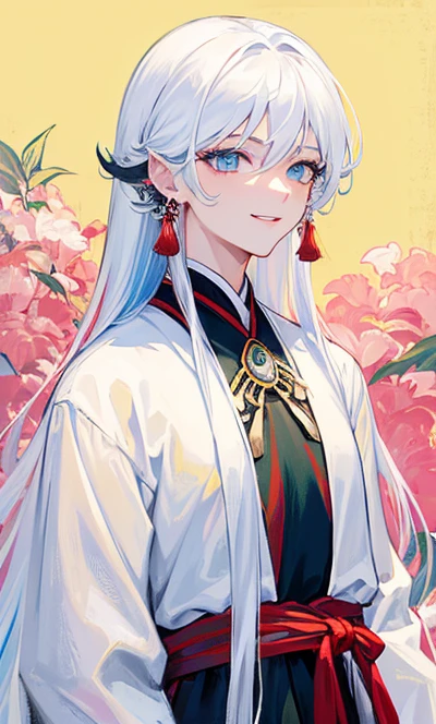 , (tmasterpiece:1.2), Best quality at best,sportrait,
long white hair, jewely, 耳Nipple Ring, Single horsetail, Dragon Totem, male people, Traditional Hanfu, Smiling straight ahead, eBlue eyes, a Oriental Dragons, Colorful hair, Tassel earrings,tear-mole,Personable,The contour is sharp,young male