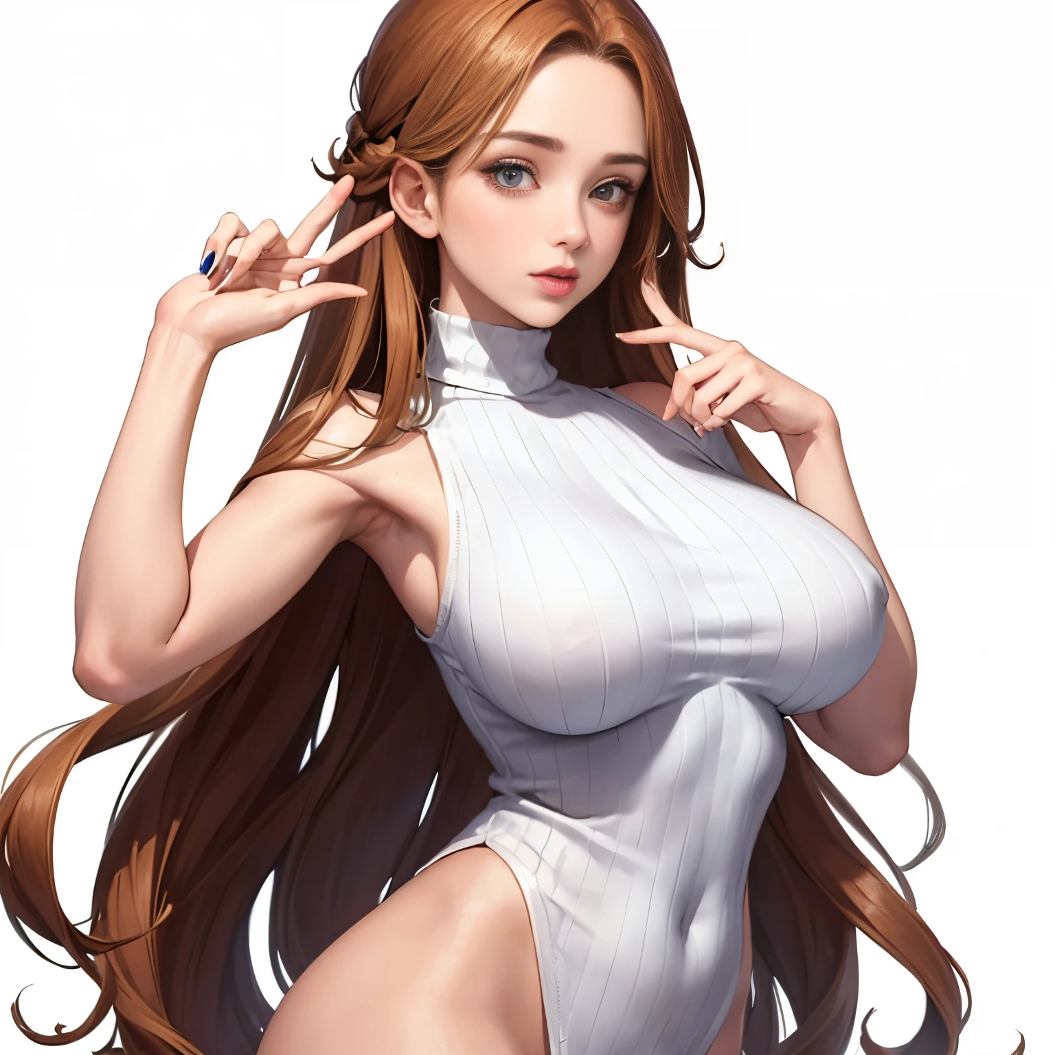 1girl in,A woman blows a kiss by touching her right index and middle fingers together,Goddess-like beauty,Kiss me with your glossy lips,long lashes,winc,Curly long hair that shows off the forehead,light brown hair,Accurately drawn face,detailed hairs,Slender but big breasts,tre anatomically correct,perfectly proportions,Precise fingers,High-neck knitwear,Sleeveless,masterpiece,Best Quality,