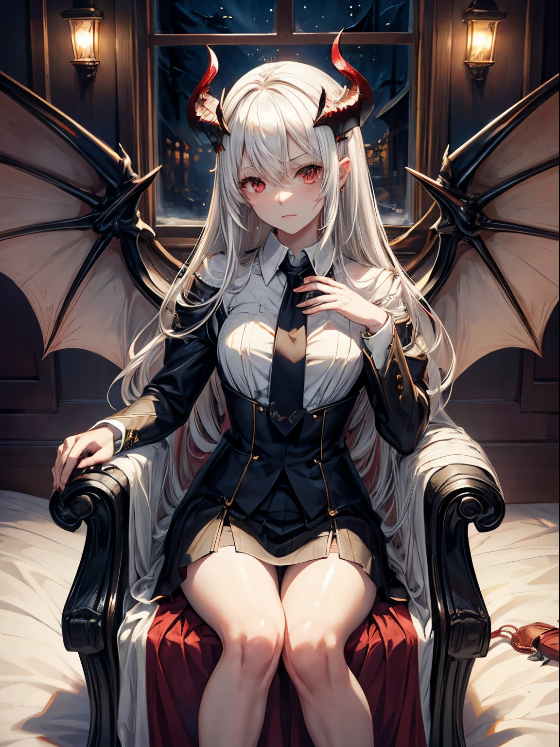 (masutepiece)(high-detail)incubus、One、white hair、red eyes、double tooth、suits、neck tie、Black horned、Black bat wings and tail、Sitting in a big chair、Put your hand on your cheek、open one's legs、Mysterious smile、bed far away、deep in the night、murky、Turn off the light