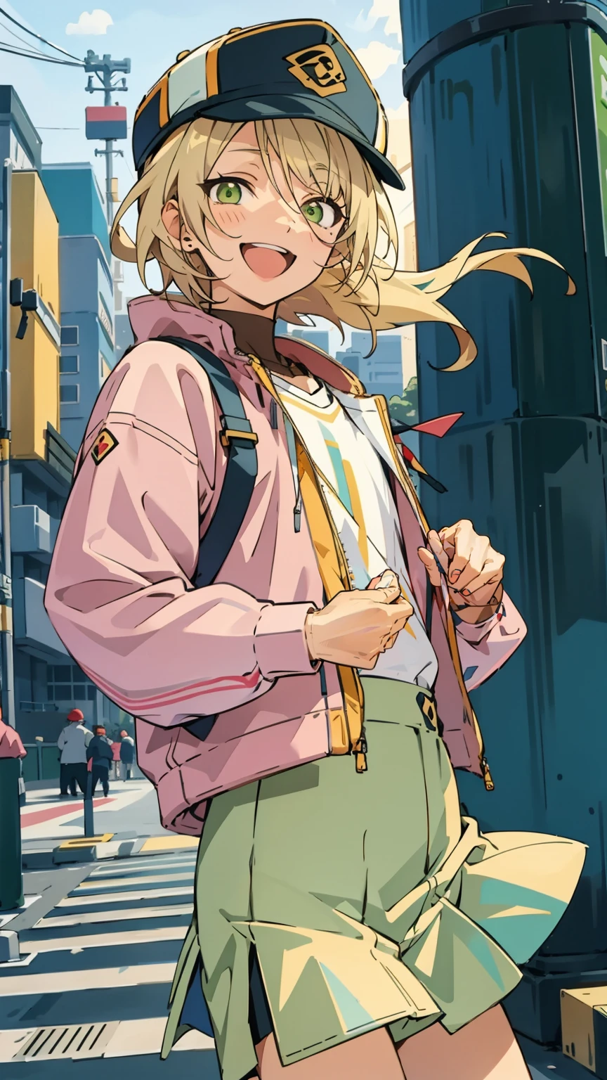 aira shiratori, green eyes, :D, smile, happy, blonde hair, detailed eyes, detailed face, baseball hat, pink jacket, long sleeves, mini yellow skirt, streets