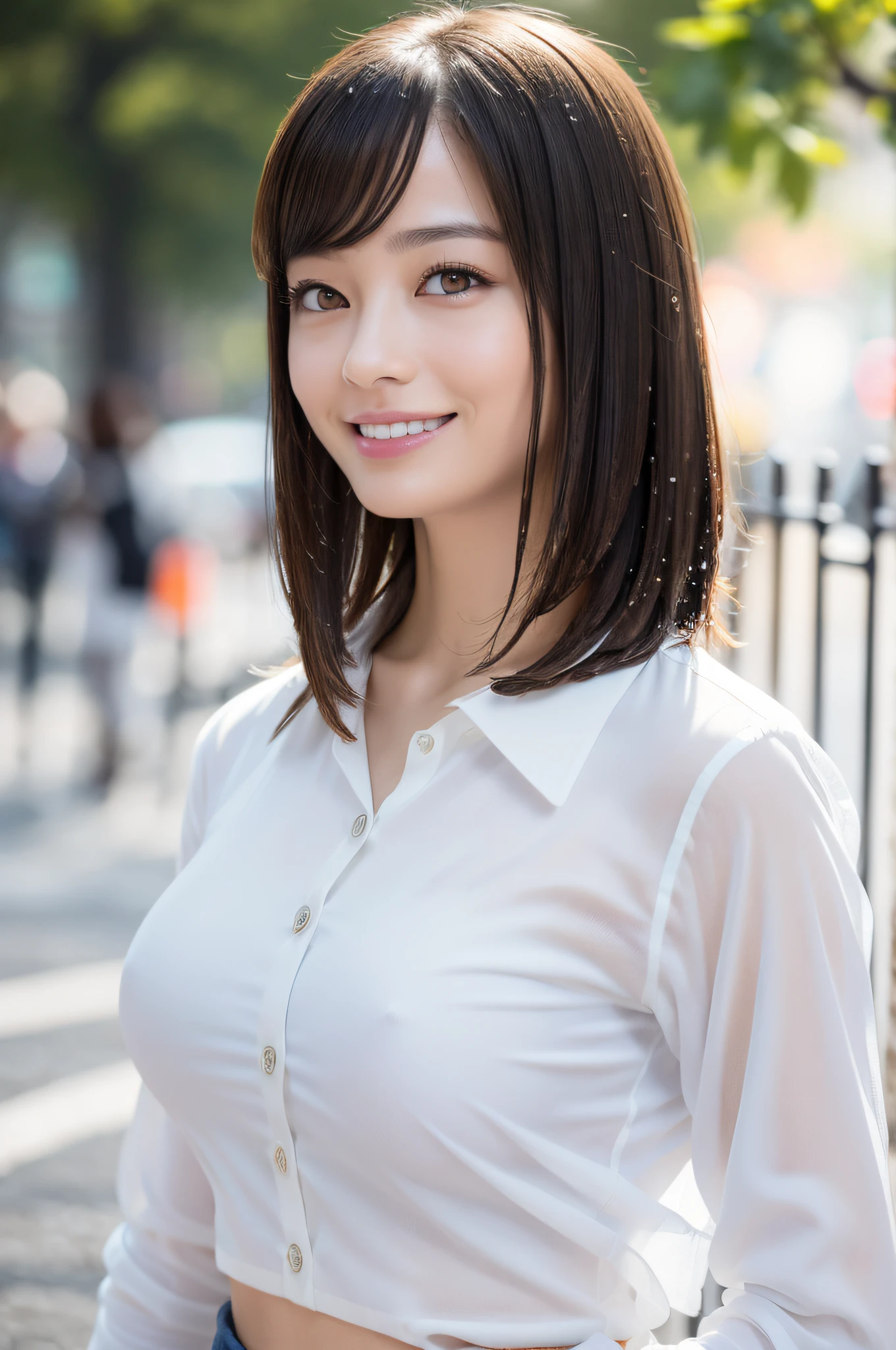 ((Best Quality, 8K, Masterpiece: 1.3)), Sharp Focus: 1.2, A Beautiful Woman with Perfect Figure: 1.4, Slim Abs: 1.2, (Layered Hairstyle,: 1.2)), (Wet White Button Long Shirt: 1.3), Rain: 1.3, Street: 1.2, Wet Body: 1.1, Highly Detailed Face and Skin Texture, Detailed Eyes, Double Eyelids, Big Breasts, Smile,
