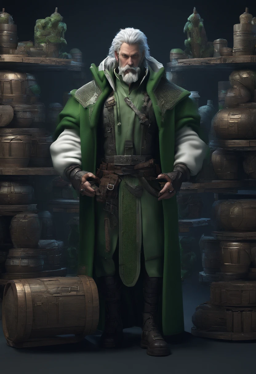 male food merchant, beautiful eyes, green shirt with white sleeves, green pants, gray hair, gray mustache, next to a wooden cart, next to wooden barrels and boxes, far behind is a magical forest, fantasy, Middle Ages, artstation, hdr, intricate details, cinematic, best quality, 4k, 8k, highres, masterpiece