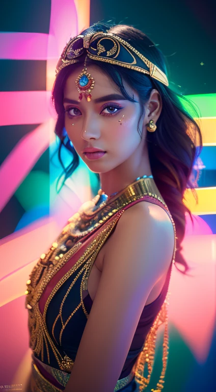(masutepiece:1.2), Best Quality, (Illustration:1.2), (Ultra-detailed),Eye focus,(Masterfully crafted Glow,pink lens flare), (Cinematic background), hyperdetails, (delicate detailed), Climbing Mountains, (Intricate details), (Cinematic Light, best quality backlight), Clear Line, From above, solo women, solo women, Perfect body, (1girl in), Bioluminescent hair, Glowing eyes, (Egyptian royalty, Luminous clothes and hair),(Black, Red, Blue, Gold, Fantasy, Egyptian Clothing:1.1), slightly close eyes, A desert, (Tanned skin:1.2), ((makeup)), High contrast, (Best Illumination, extremely delicate and beautiful), ((Cinematic Light)), Colorful,((Photoshop Pastel Painting:1.1)), Elegant, (Cinematic Masterpiece), Fierce, Powerful, splashes of colour absolutely eye-catching, ((colourful paint splashes on transparent background, dulux,)), ((Caustic)), Dynamic Angle,Beautiful detailed glow, gold, tribal, Chasing Your Dreams,