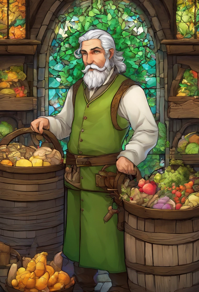 male food merchant, beautiful eyes, green shirt with white sleeves, green pants, gray hair, gray mustache, next to a wooden cart, next to wooden barrels and boxes, far behind is a magical forest, fantasy, Middle Ages, artstation, hdr, intricate details, cinematic, best quality, 4k, 8k, highres, masterpiece