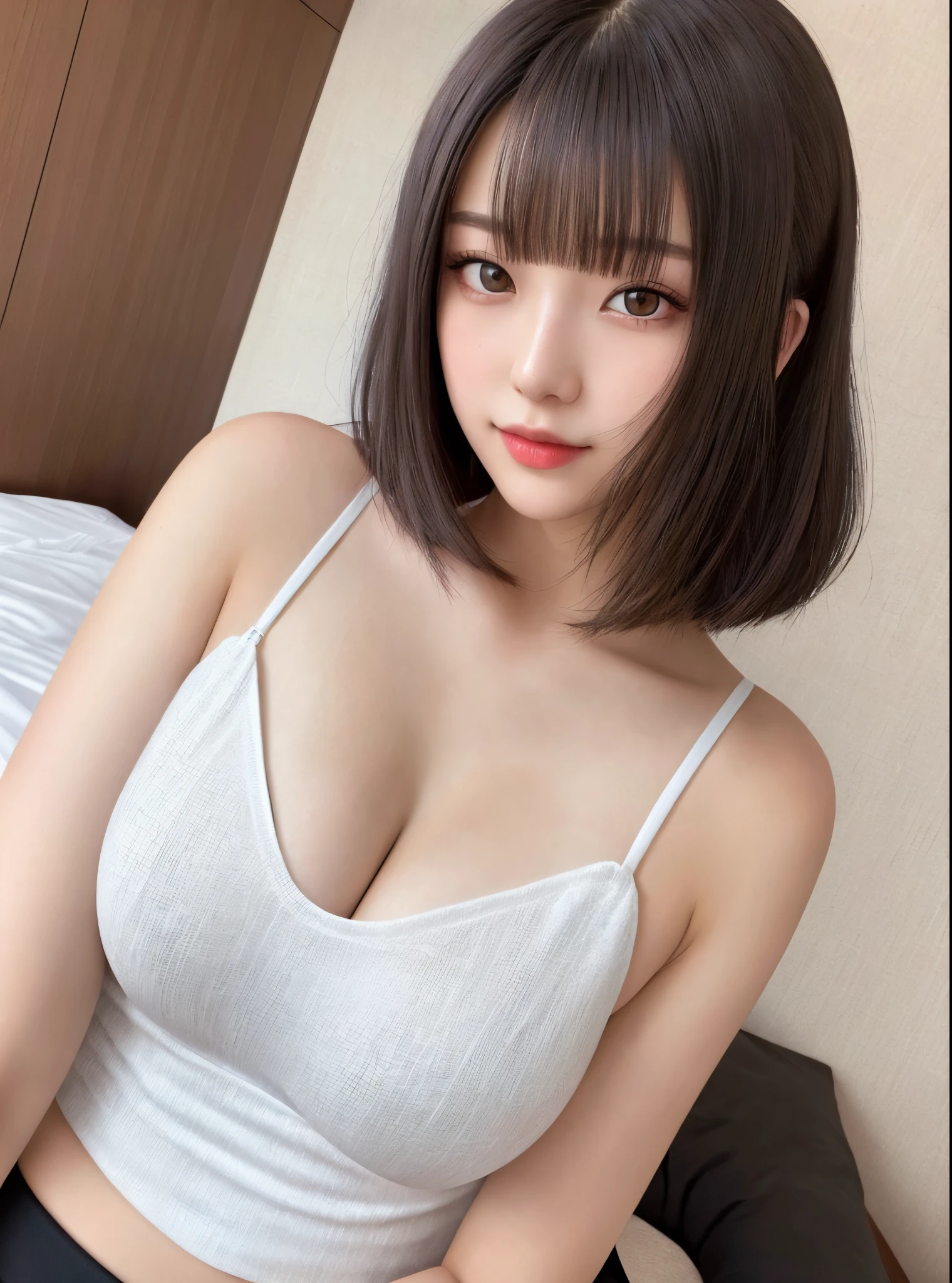 Product quality, 1girl in, FULL BODYSHOT, Front view, a Japanese young pretty woman, Hotel room bathed in the morning sun、Black camisole and white panties、Long bob hair, Glamorous figure, large full breasts、hyper cute face, Glossy lips, double eyelids for both eyes, Natural makeup, Glossy smooth light brown long bob hair, asymmetrical bangs, glowy skin, central image, High resolution, high detailing, detailed hairstyle, Detailed face, spectacular movie lighting, Octane Rendering, Vibrant, Hyper realistic, Perfect limbs, Perfect Anatomy