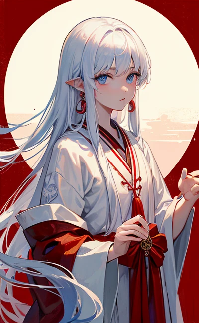 , (tmasterpiece:1.2), Best quality,martial arts sword,
Long white hair, jewely, ear nipple ring, Single horsetail, Dragon Totem, male people, Traditional Hanfu, head straight-looking at viewer，face to the viewer, eBlue eyes, Oriental Dragons, colorfulhair, Tassel earrings,tear-mole，Personable，The outline is sharp，young  male