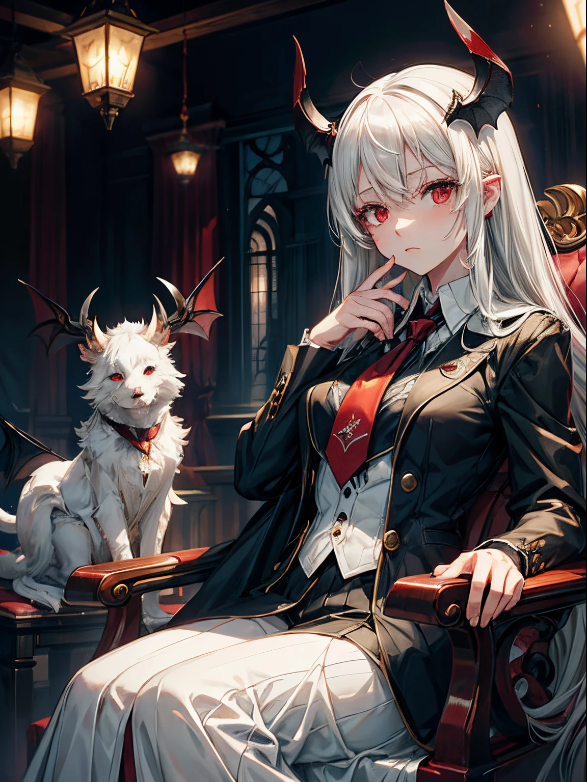 (jogando xadrez, Lapland Arknight:1.2), depicting Lapland Arknight playing chess, situada em um ambiente luxuoso e elegante, com muitos detalhes ornamentais em um estilo renascentista, enfatizando o jogo de luz e sombra, and a warm and intimate atmosphere with fireplace and cups of tea.