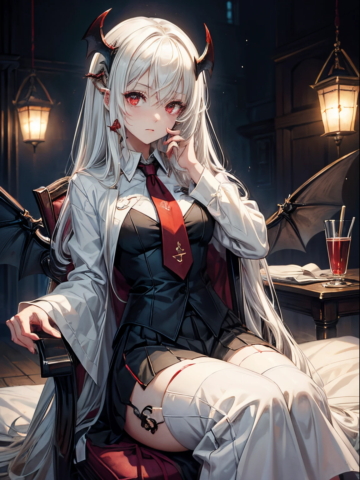(masutepiece)(high-detail)incubus、One、white hair、red eyes、suits、neck tie、Black horned、Black bat wings and tail、Sitting in a big chair、Put your hand on your cheek、Glossy look、bed far away、deep in the night、murky、Turn off the light