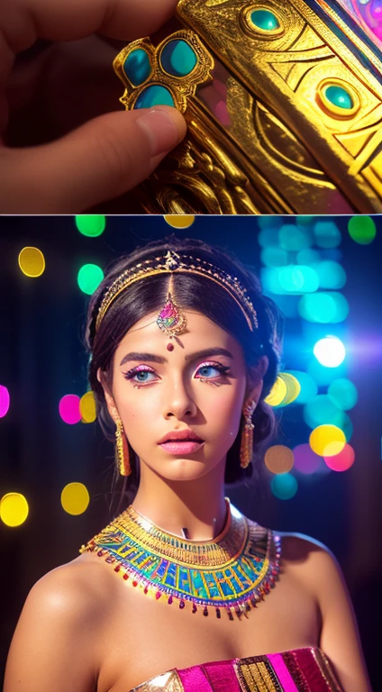 (masutepiece:1.2), Best Quality, (Illustration:1.2), (Ultra-detailed),Eye focus,(Masterfully crafted Glow,pink lens flare), (Cinematic background), hyperdetails, (delicate detailed), Climbing mountains, (Intricate details), (Cinematic Light, best quality backlight), Clear Line, From above, solo women, solo women, Perfect body, (1girl in), Bioluminescent hair, Glowing eyes, (Egyptian royalty, Bright clothes and hair),(Black, Red, Blue, gold, Fantasy, Egyptian clothing:1.1), slightly close eyes, A desert, (Tanned skin:1.2), ((makeup)), High contrast, (Best Illumination, extremely delicate and beautiful), ((Cinematic Light)), Colorful,((Photoshop Pastel Painting:1.1)), Elegant, (Cinematic Masterpiece), Fierce, Powerful, splashes of colour absolutely eye-catching, ((colourful paint splashes on transparent background, dulux,)), ((Caustic)), Dynamic Angle,Beautiful detailed glow, gold, tribal, Chasing Your Dreams,