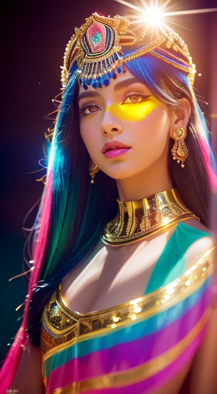 (masutepiece:1.2), Best Quality, (Illustration:1.2), (Ultra-detailed),Eye focus,(Masterfully crafted Glow,pink lens flare), (Cinematic background), hyperdetails, (delicate detailed), Climbing mountains, (Intricate details), (Cinematic Light, best quality backlight), Clear Line, From  above, solo women, solo women, Perfect body, (1girl in), Bioluminescent hair, Glowing eyes, (Egyptian royalty, Bright clothes and hair),(Black, Red, Blue, gold, Fantasy, Egyptian clothing:1.1), slightly close eyes, A desert, (Tanned skin:1.2), ((makeup)), High contrast, (Best Illumination, extremely delicate and beautiful), ((Cinematic Light)), Colorful,((Photoshop Pastel Painting:1.1)), Elegant, (Cinematic Masterpiece), Fierce, Powerful, splashes of colour absolutely eye-catching, ((colourful paint splashes on transparent background, dulux,)), ((Caustic)), Dynamic Angle,Beautiful detailed glow, gold, tribal, Chasing Your Dreams,