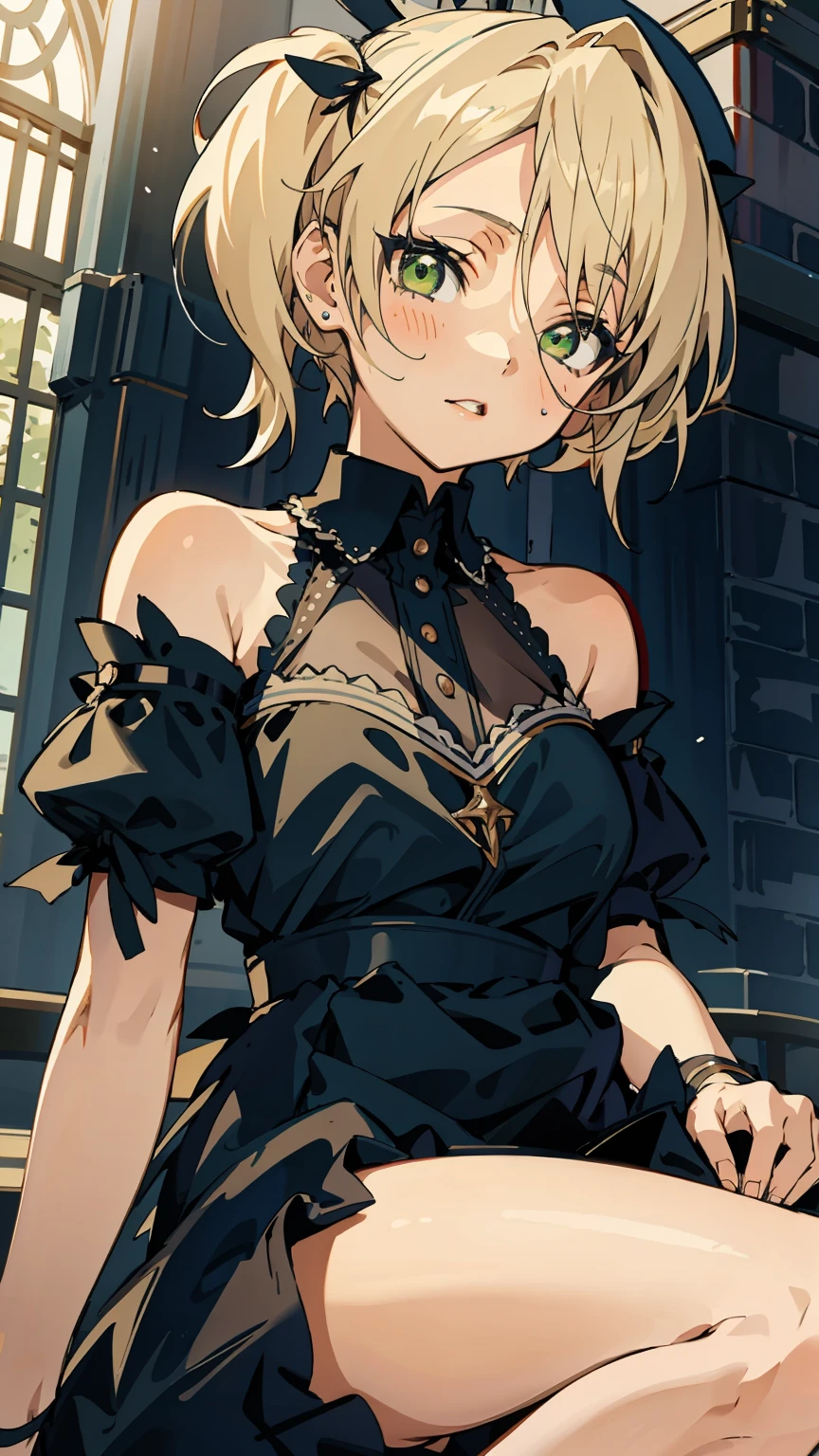 aira shiratori, green eyes, blonde hair, detailed eyes, detailed face, twintails, gothic dress, bare shoulders, thighs