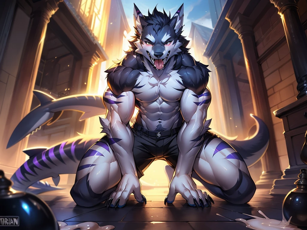 Beautiful detailed portrait showing male werewolf , Full body like，subtract, author：ross tran,ruanjia, A high resolution, photo-realism, 电影灯光,Muscle tissue，kneel，Vigorous， Black skin，White belly，Hairy belly，Black  shorts，canineteeth, ssmile, take off your pants，with her mouth open，Stick out her tongue，drools，Intimacies，Alone, 1 boy, self-shot, , Beautiful quality illustrations, luring, Fluffy fur, Black fur,Purple stripes, Evil charm，Nice face, low angle view,Milk spills into the lower body，Milk spilled all over the floor，Shark tail