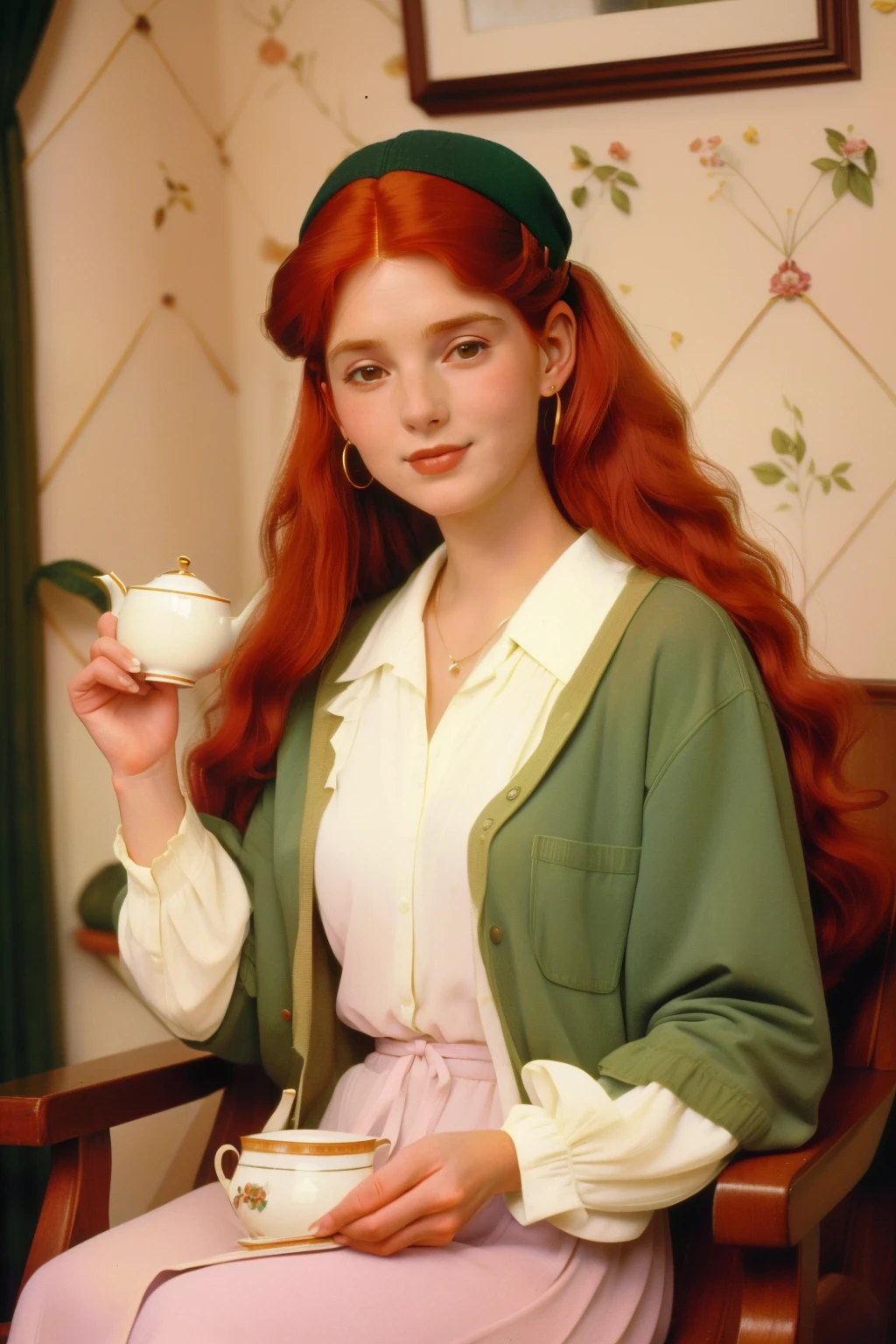 1998, Berkshire County, Massachusetts. Pre-raphaelite ((((46-year-old)) woman)), redhead, having tea, smile, ((((casual Clothing from the 1990s)))), ((Hairstyle of the 1990s)), ((Wes Anderson cinematic style)), colorful