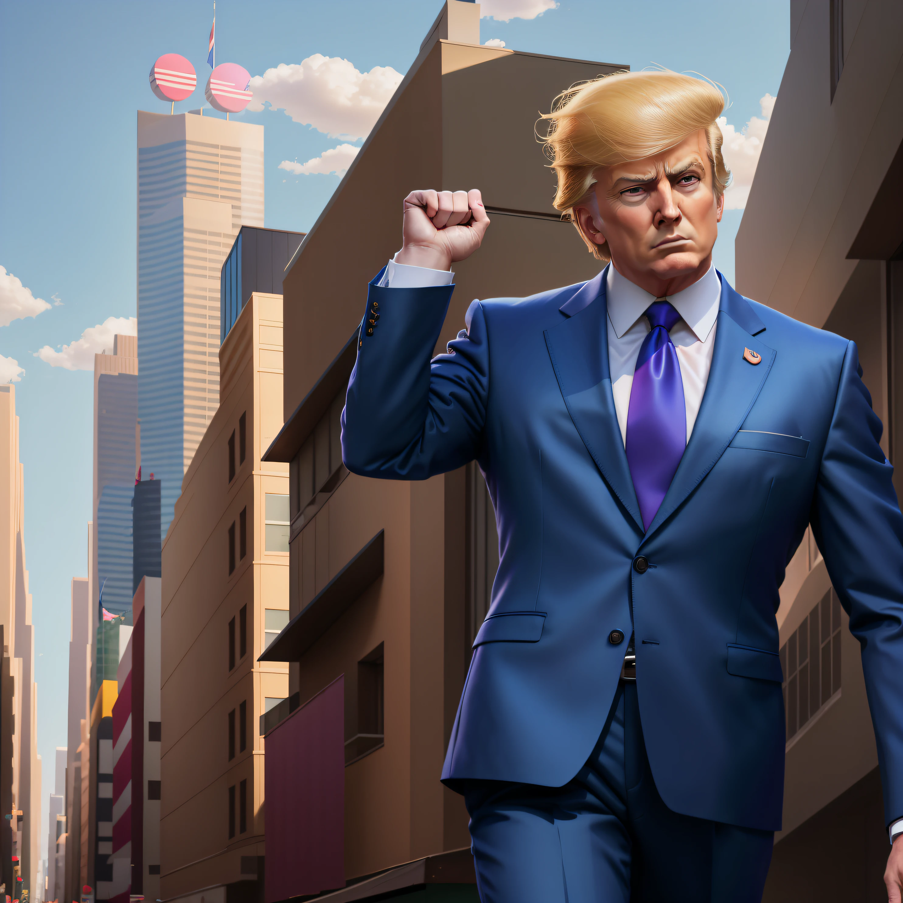 arafed image of a man in a suit and tie walking down a street, photo of donald trump, president donald trump, standing triumphant and proud, triumphant pose, donald trump, handsome donald trump, usa-sep 20, the president, donald trump fortnite skin, triumphant, portrait of donald trump, 🤬 🤮 💕 🎀, victory lap in 3d