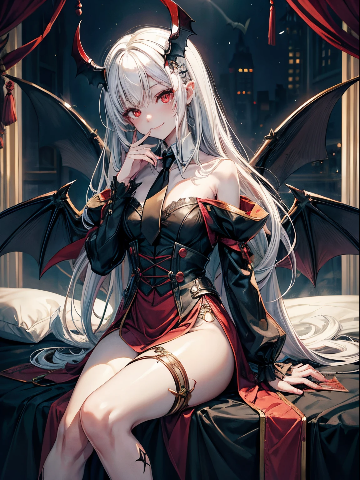 （masutepiece）（high-detail）incubus、One、white  hair、red eyes、double tooth、suits、neck tie、Black horned、Black bat wings and tail、Sitting in a big chair、Put your hand on your cheek、open one's legs、Mysterious smile、bed far away、deep in the night、murky、Turn off the light