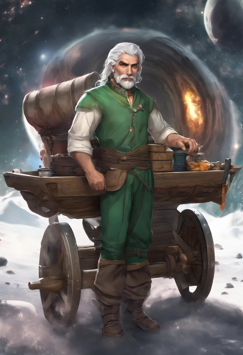 male food merchant, beautiful eyes, green shirt with white sleeves, green pants, gray hair, gray mustache, next to a wooden cart, next to wooden barrels and boxes, far behind is a magical forest, fantasy, Middle Ages, artstation, hdr, intricate details, cinematic, best quality, 4k, 8k, highres, masterpiece