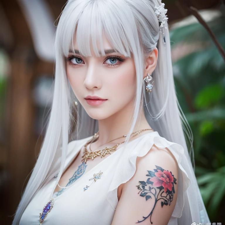 Photorealistic, High resolution, 1 woman, Full body, Beautiful eyes, Long hair, Ringed Eyes, White hair, Jewelry, The tattoo, Hanfu, chinese fairy