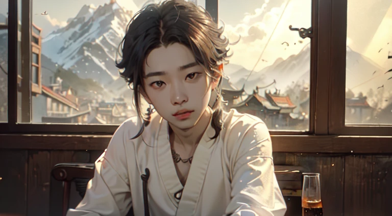 25 year old Chinese boy,35 year old Chinese boy,onthe mountain,The painting style is delicate and soft,电影灯光,high-definition picture quality,the soft light,Rich details,Refer to Gu Kaizhi,32K,High Picture Quality,A high resolution,(Very detailed CG unified 8k wallpaper)