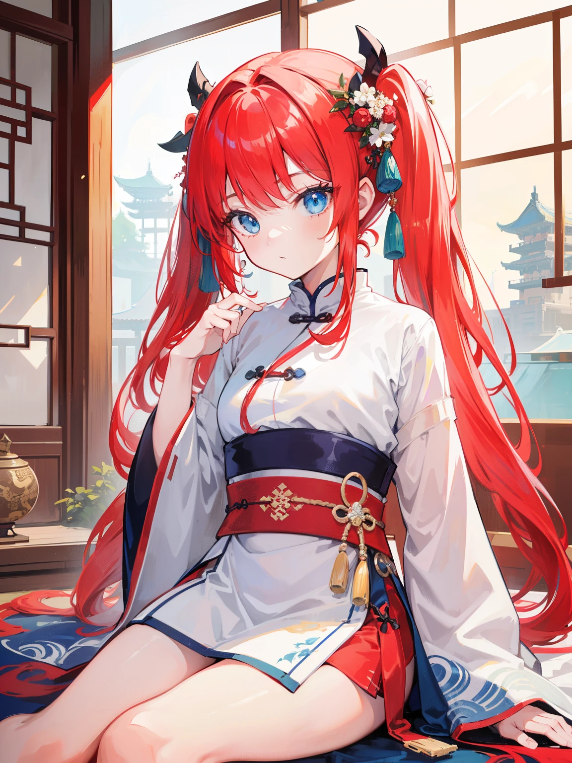 {{best quality}}, {{masterpiece}}, {{ultra-detailed}}, {illustration}, {detailed light}, red hair, blue eyes, twintails,solo,,Chinese style, ancient China,Hanfu