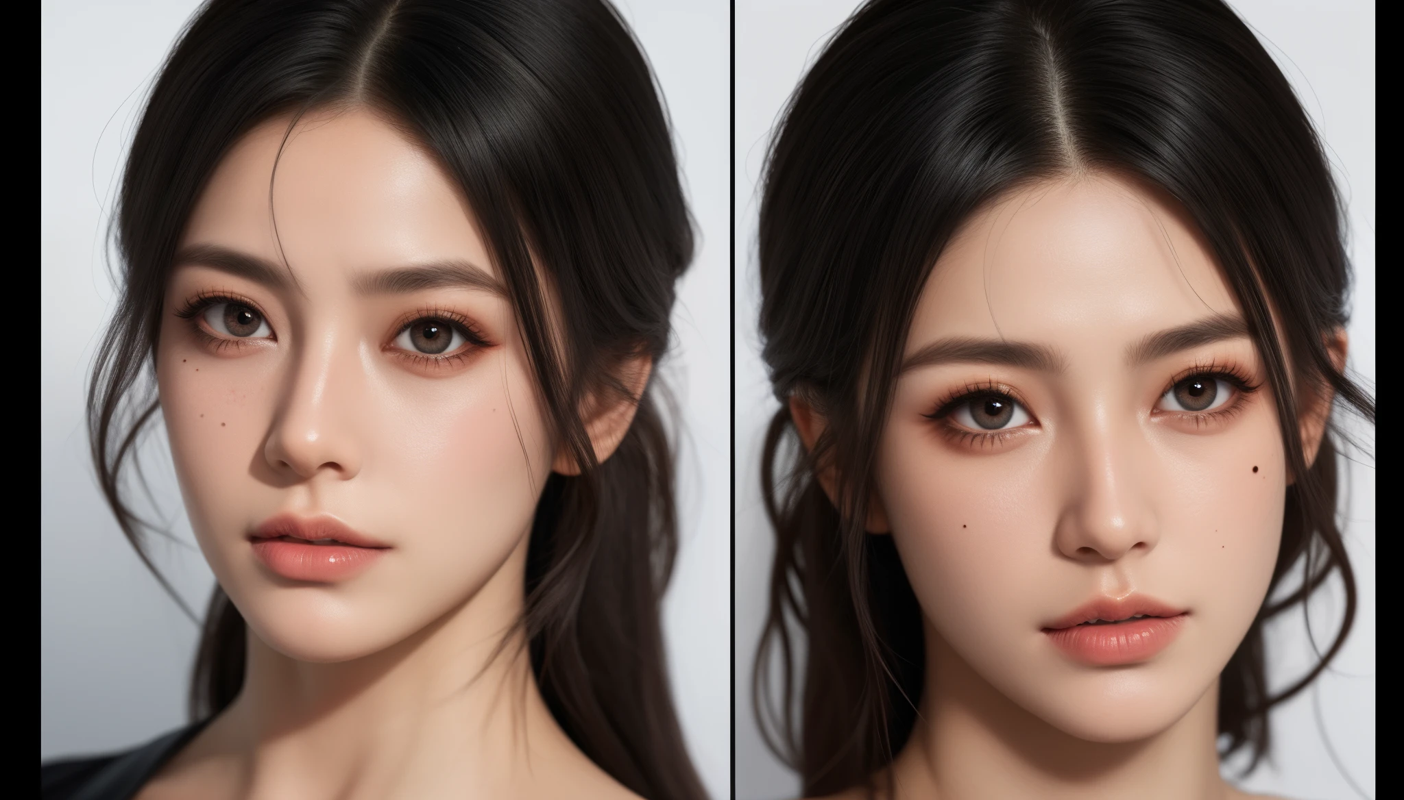streaked hair, black hair, hair over shoulder, mole under eye, color contact lenses, wide-eyed, makeup, Hyperrealism, Social realism, character chart, cowboy shot, Sony FE GM, border, reference sheet, UHD, textured skin, super detail, high details, highres, best quality