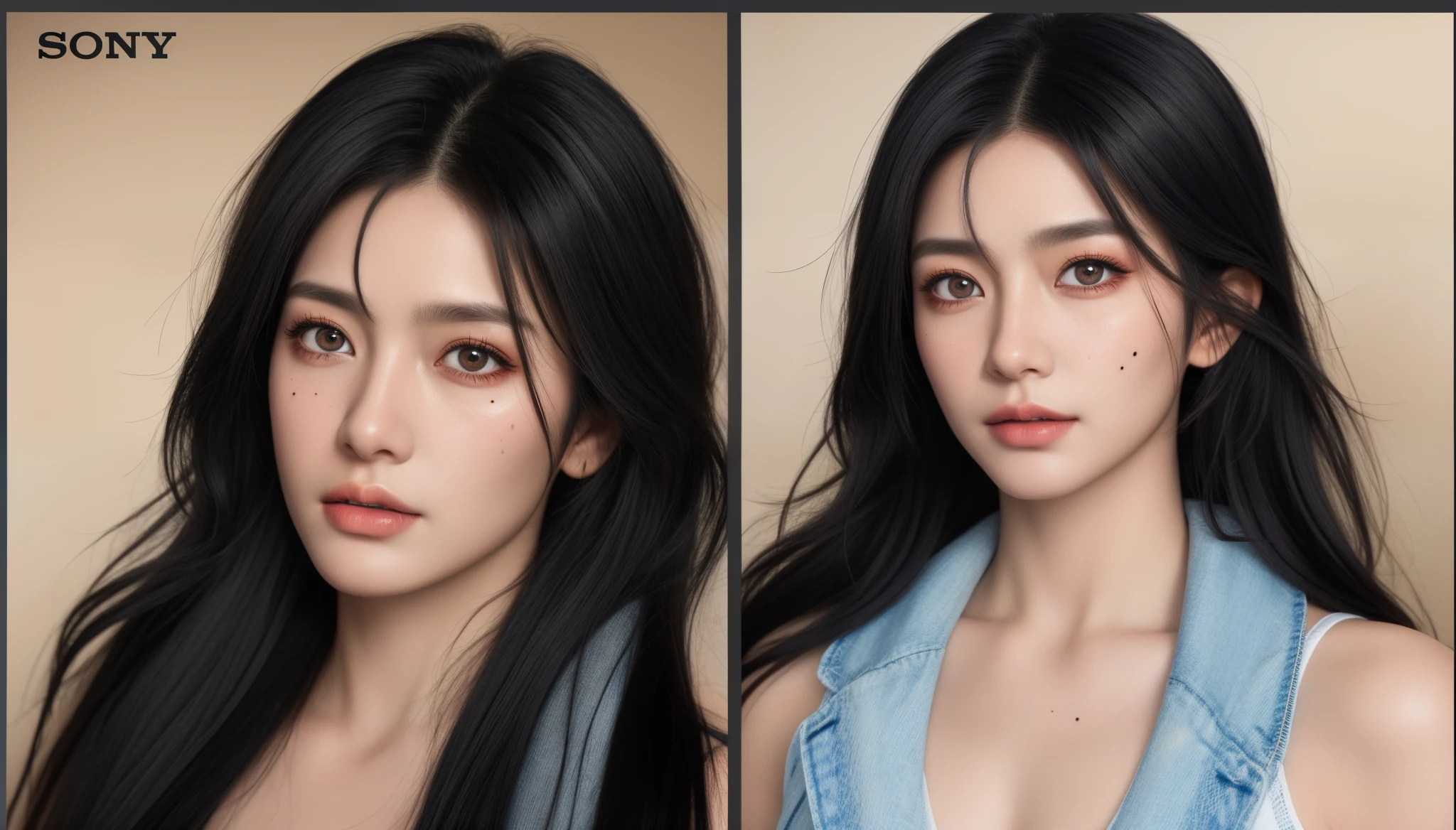 streaked hair, black hair, hair over shoulder, mole under eye, color contact lenses, wide-eyed, makeup, Hyperrealism, Social realism, character chart, cowboy shot, Sony FE GM, border, reference sheet, UHD, textured skin, super detail, high details, highres, best quality