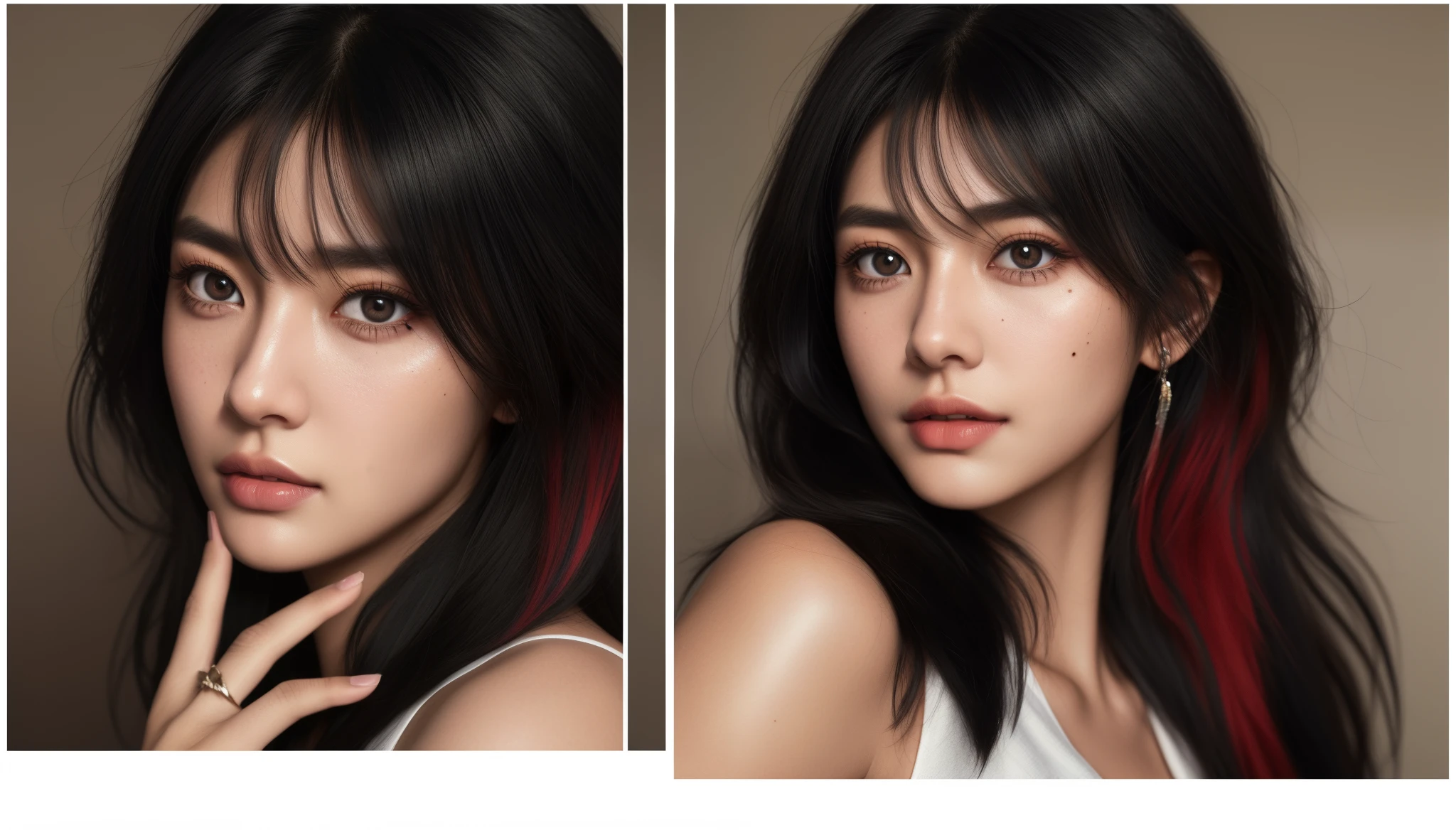 streaked hair, black hair, hair over shoulder, mole under eye, color contact lenses, wide-eyed, makeup, Hyperrealism, Social realism, character chart, cowboy shot, Sony FE GM, border, reference sheet, UHD, textured skin, super detail, high details, highres, best quality