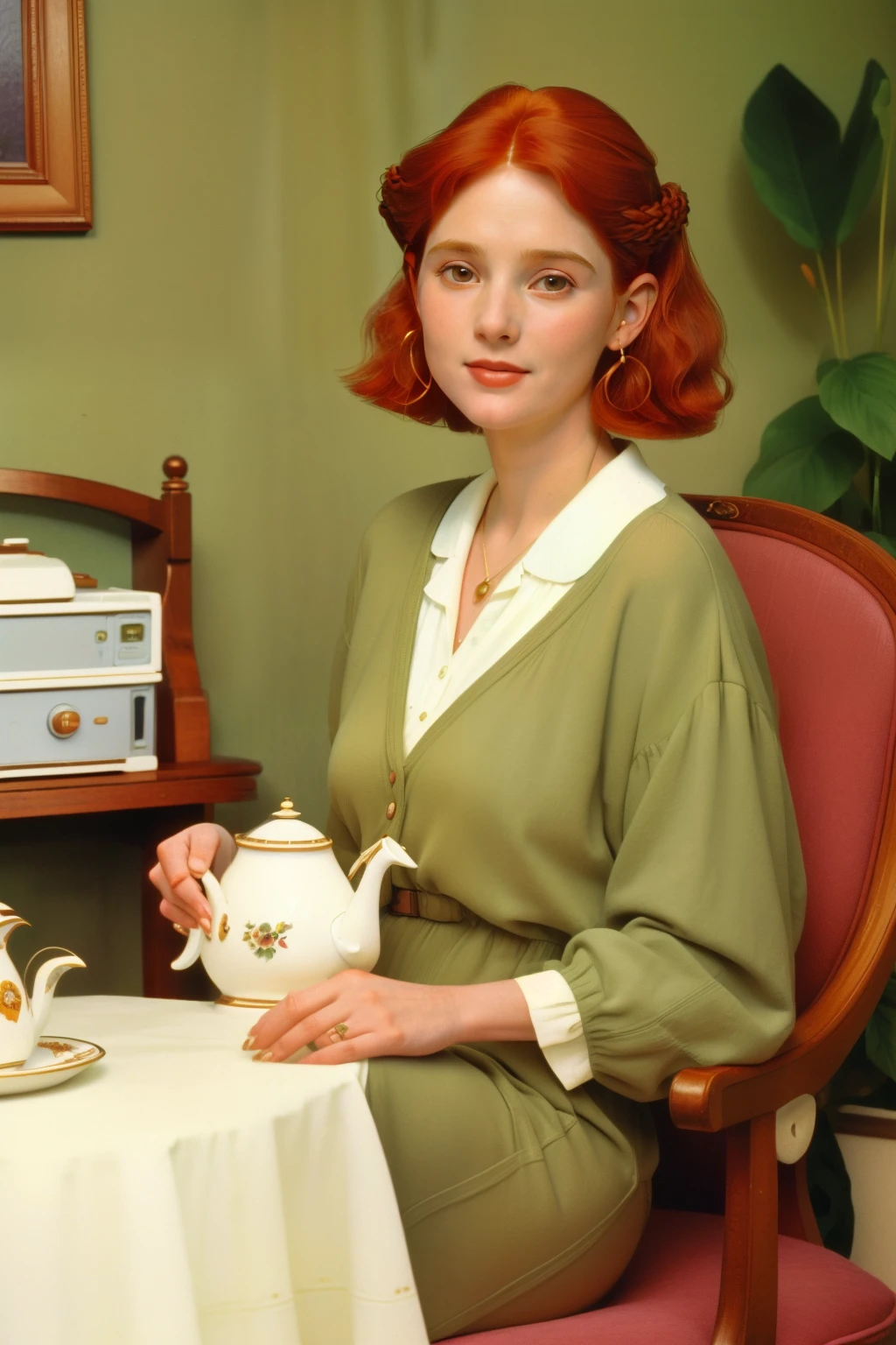 1998, Berkshire County, Massachusetts. Pre-raphaelite ((((46-year-old)) woman)), redhead, having tea, smile, motherly vibes, ((((casual Clothing from the 1990s)))), ((Hairstyle of the 1990s)), ((Wes Anderson cinematic style)), colorful
