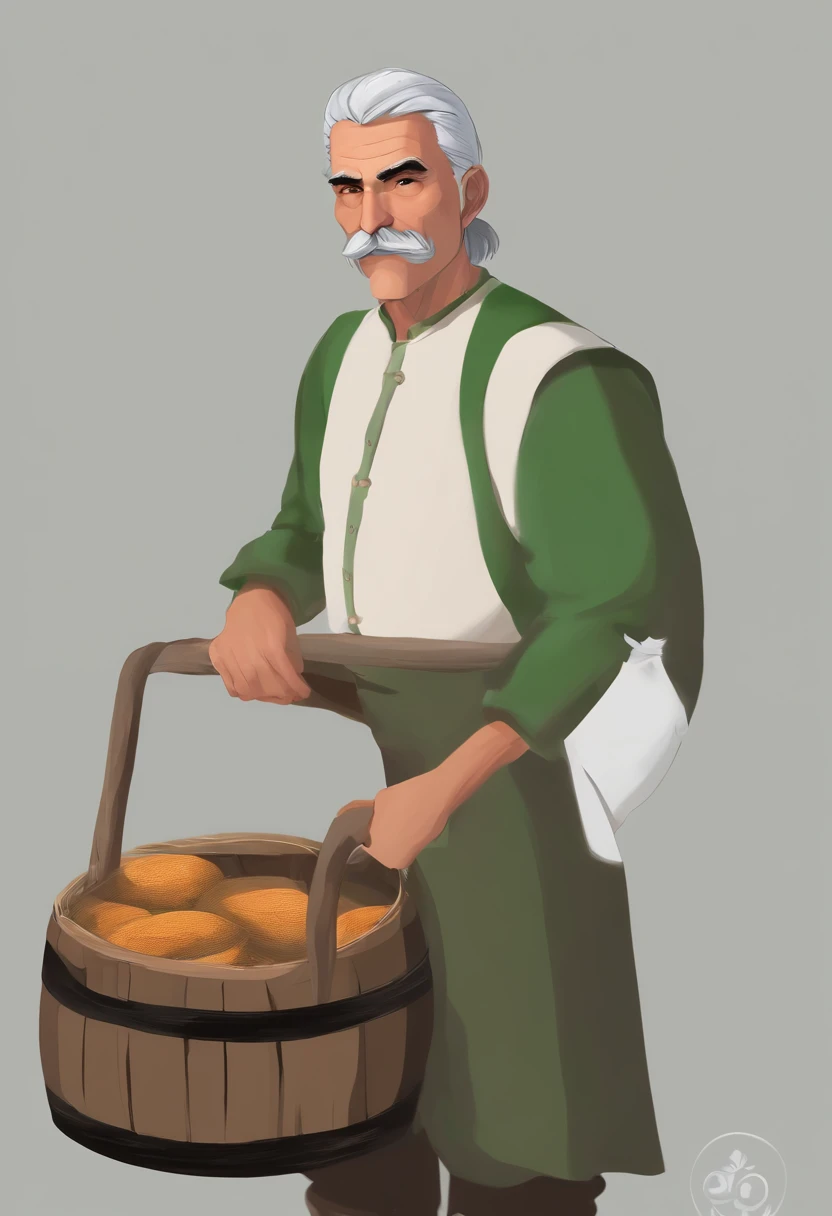 male food merchant, beautiful eyes, green shirt with white sleeves, green pants, gray hair, gray mustache, next to a wooden cart, next to wooden barrels and boxes, far behind is a magical forest, fantasy, Middle Ages, artstation, hdr, intricate details, cinematic, best quality, 4k, 8k, highres, masterpiece