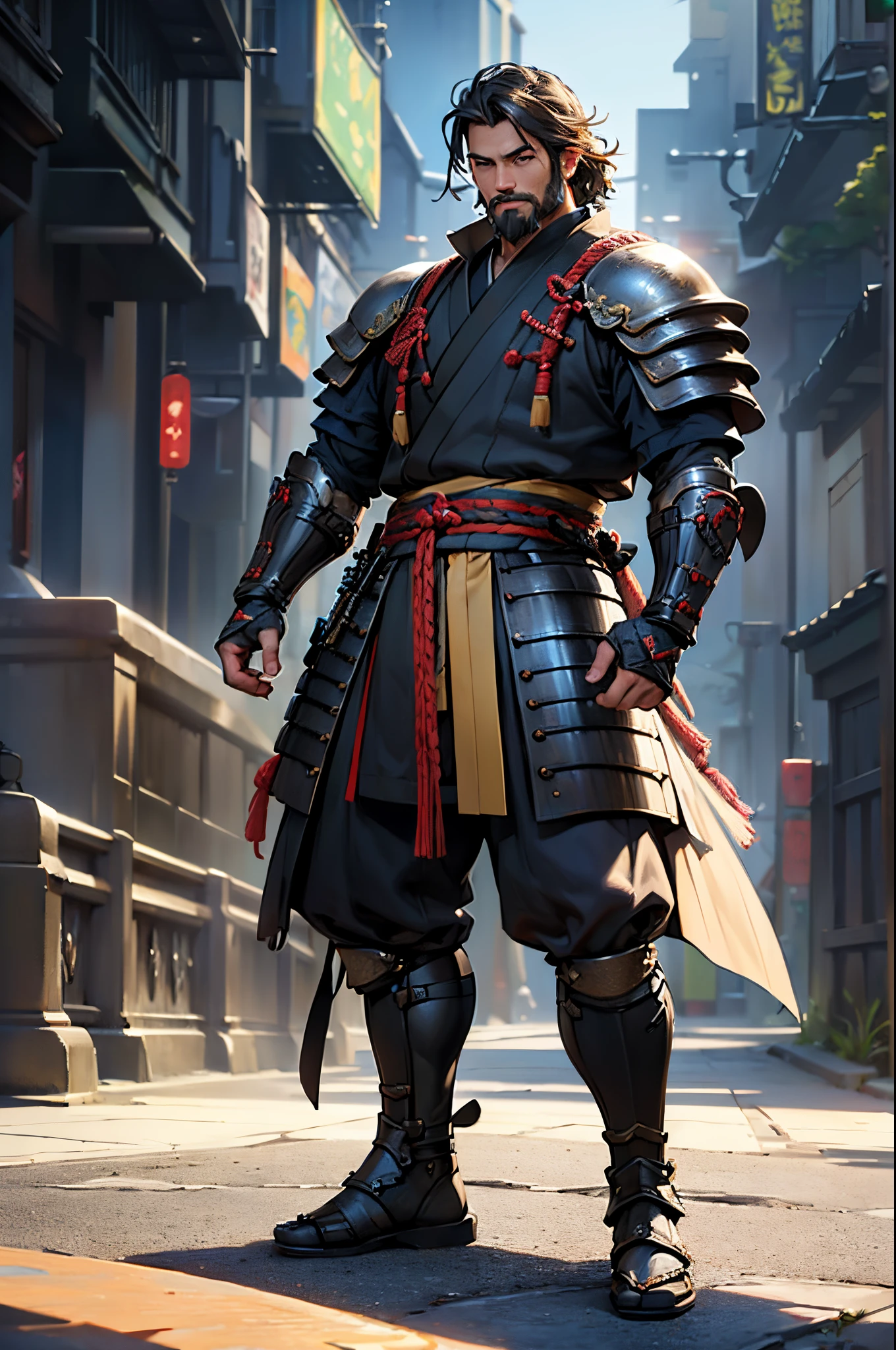 ((photorealistic:1.4)), finely detail, full-body shot, detailed full body features, ((1 man)), ((solo)), Man with a full short beard, short wavy hair. Man is wearing futuristic samurai armor.. bokeh. (best quality:1.0) (masterpiece)