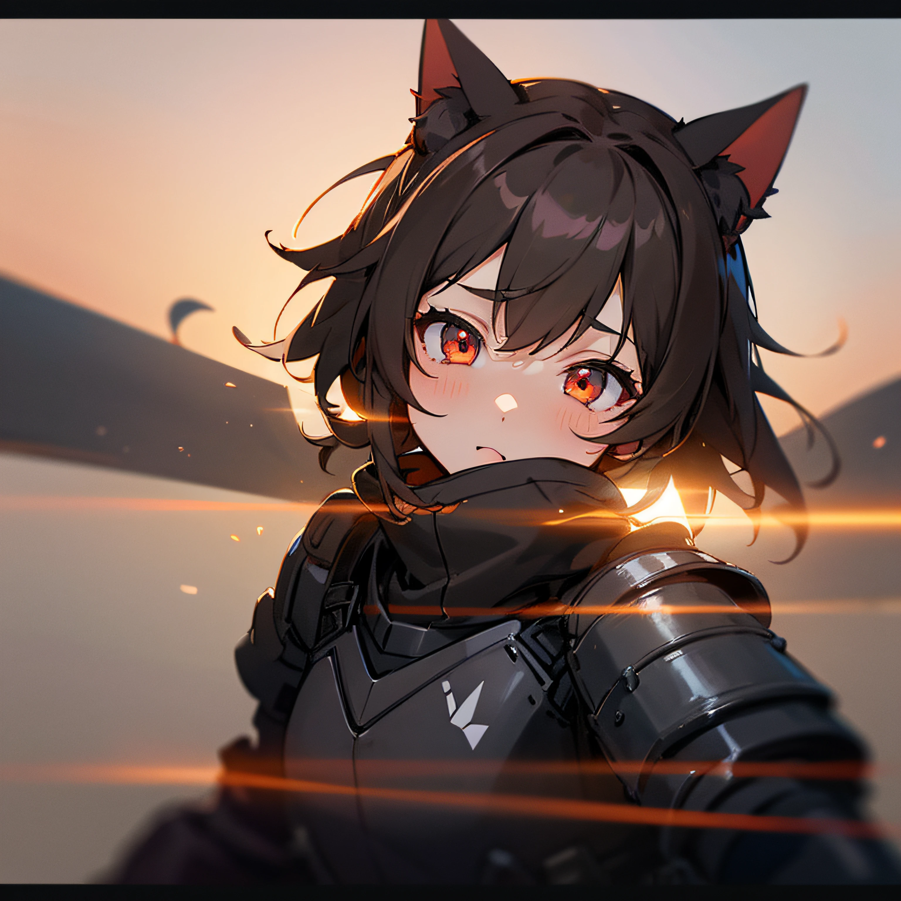 (1girl), solo, cat ears, brown hair, glowing red eyes, long hair, tactical, military, (pouches), absurd resolution, super high quality, highly detailed, portrait, closeup, ballistic armour, art from Bilibili_Xiaolu, floating, ashen background, Heavy Weapon, shoulder mounted, cute, cinematic lighting,