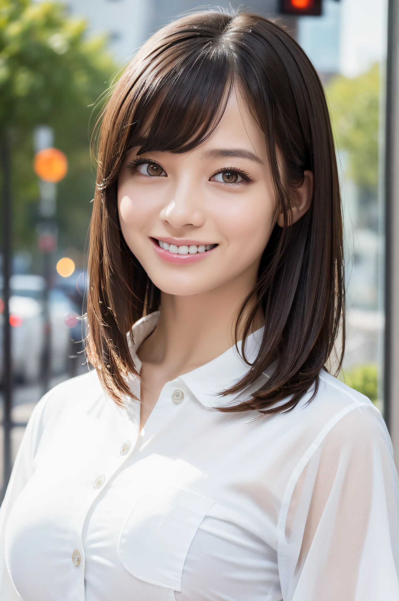 ((Best Quality, 8K, Masterpiece: 1.3)), Sharp Focus: 1.2, A Beautiful Woman with Perfect Figure: 1.4, Slim Abs: 1.2, (Layered Hairstyle,: 1.2)), (Wet White Button Long Shirt: 1.3), Rain: 1.3, Street: 1.2, Wet Body: 1.1, Highly Detailed Face and Skin Texture, Detailed Eyes, Double Eyelids, Big Breasts, Smile,