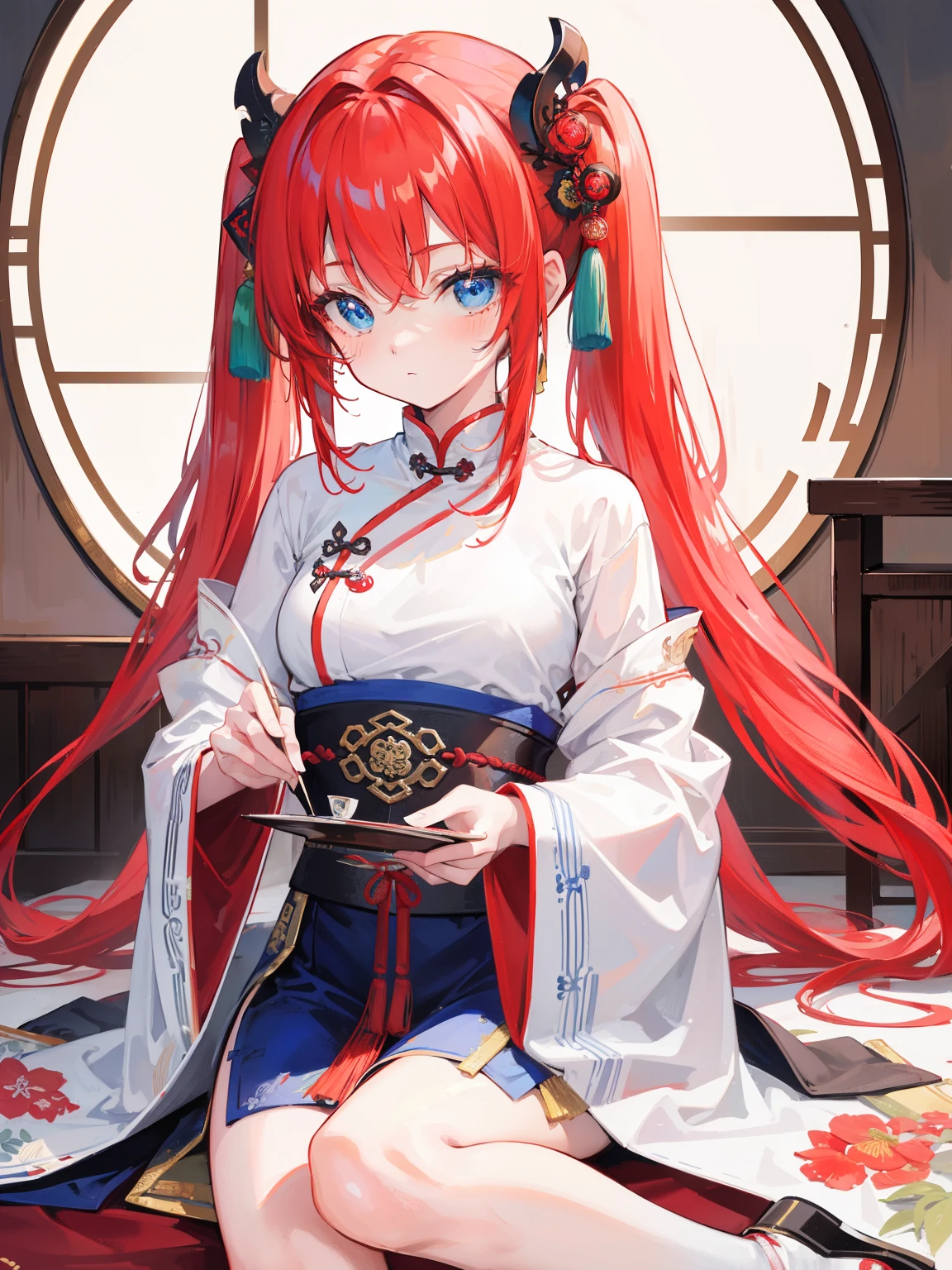 {{best quality}}, {{masterpiece}}, {{ultra-detailed}}, {illustration}, {detailed light}, red hair, blue eyes, twintails,solo,loli,Chinese style, ancient China,Hanfu