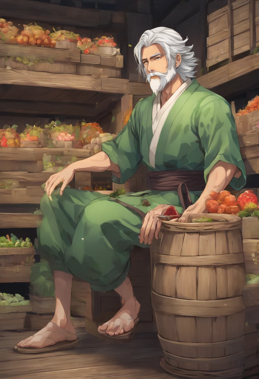male food merchant, beautiful eyes, green shirt with white sleeves, green pants, gray hair, gray mustache, next to a wooden cart, next to wooden barrels and boxes, far behind is a magical forest, fantasy, Middle Ages, artstation, hdr, intricate details, cinematic, best quality, 4k, 8k, highres, masterpiece