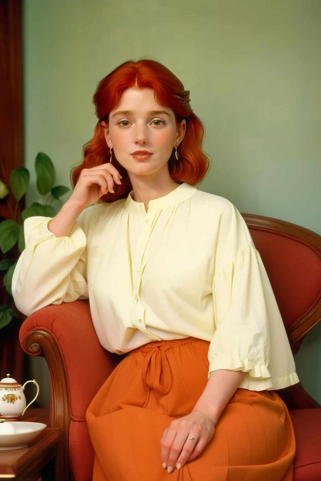 1998, Berkshire County, Massachusetts. Pre-raphaelite ((((46-year-old)) woman)), redhead, having tea, smile, motherly vibes, ((((casual Clothing from the 1990s)))), ((Hairstyle of the 1990s)), ((Wes Anderson cinematic style)), colorful