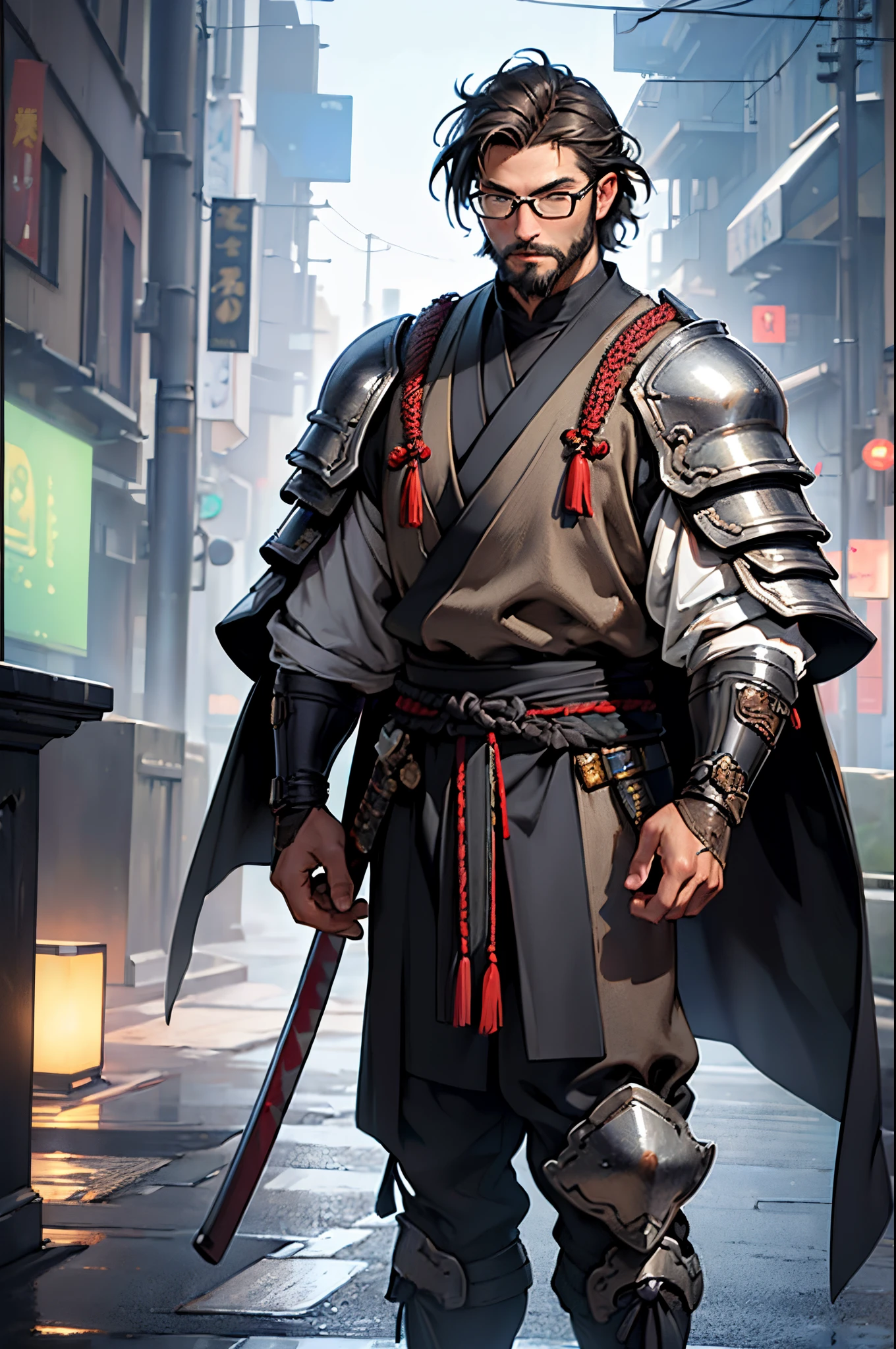((photorealistic:1.4)), finely detail, full-body shot, detailed full body features, ((1 man)), ((solo)), Man with a full short beard, short wavy hair. Man is wearing futuristic samurai armor. wearing glasses. bokeh. (best quality:1.0) (masterpiece)